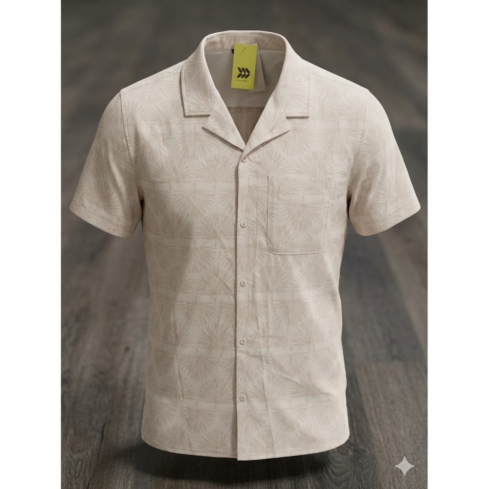 All in Motion Mens Tan‎ Palm Print Quick Dry Button Down Shirt Large UPF 50+ New